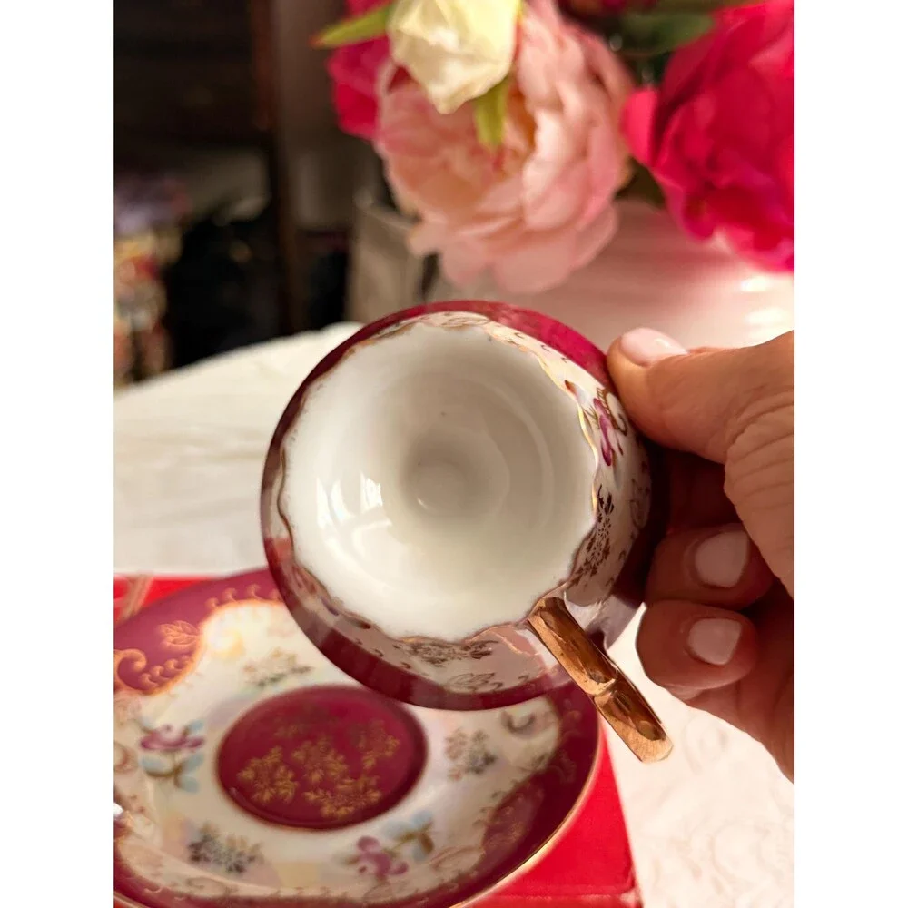 Royal Sealy Lusterware Teacup Saucer, Ruby Red Pedestal China, Gold Gilt Cottage